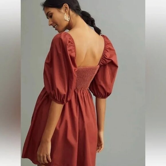 Anthropologie Maeve Sweetheart Mini Dress Puff Sleeves Size Small Rust Brown - Picture 2 of 8